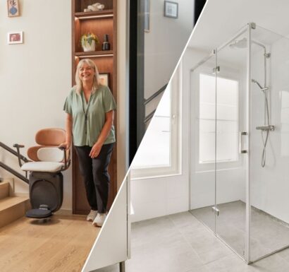 Monte-escalier moderne et élégant Stannah Joya. Salle de bains moderne avec douche à l'italienne vitrée, niche murale décorative et toilettes suspendues.