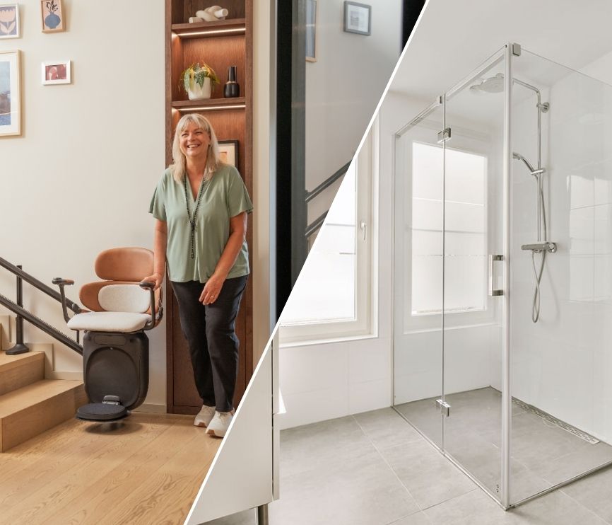Monte-escalier moderne et élégant Stannah Joya. Salle de bains moderne avec douche à l'italienne vitrée, niche murale décorative et toilettes suspendues.