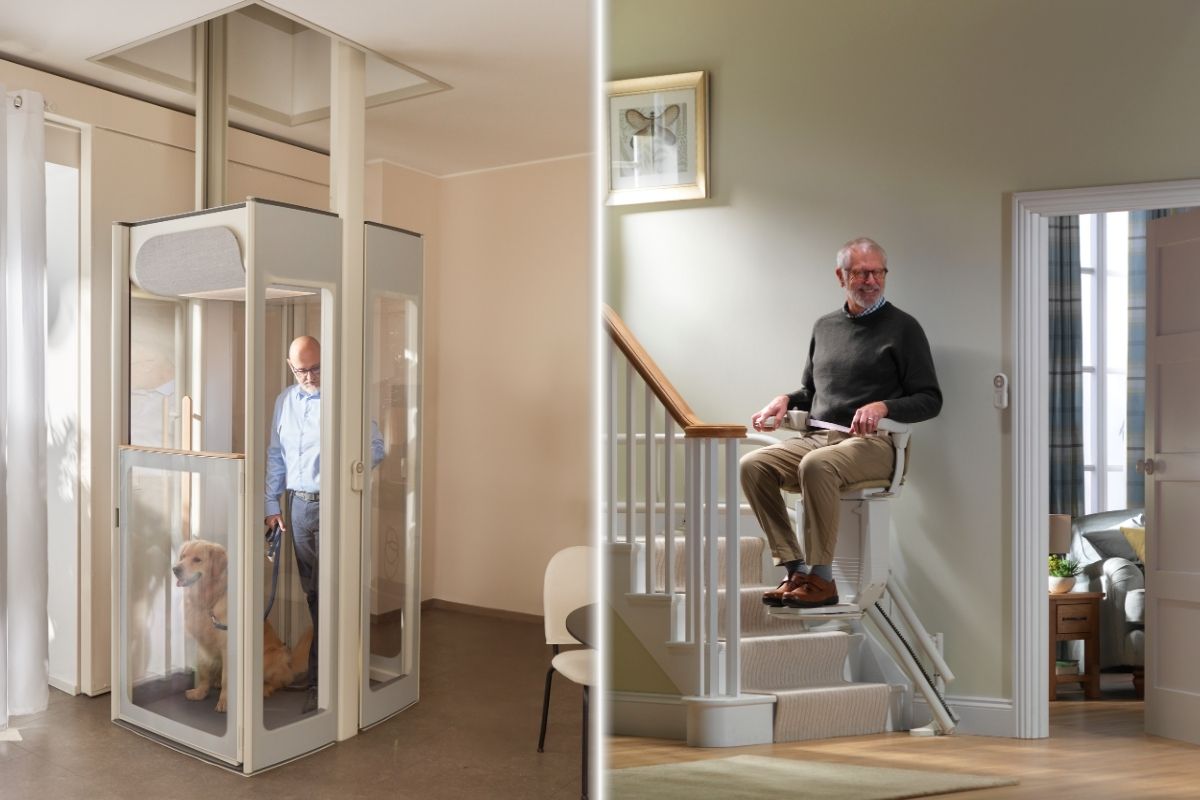 Photo composite : un homme avec son chien dans un élévateur domestique vitré à gauche, l’Uplifts S3 de Stannah ; un autre homme souriant assis sur un monte-escalier à droite. 