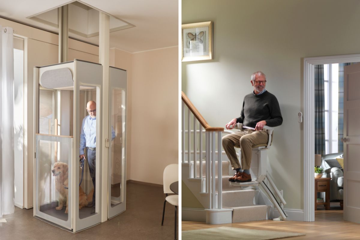 Photo composite : un homme avec son chien dans un élévateur domestique vitré à gauche, l’Uplifts S3 de Stannah ; un autre homme souriant assis sur un monte-escalier à droite.